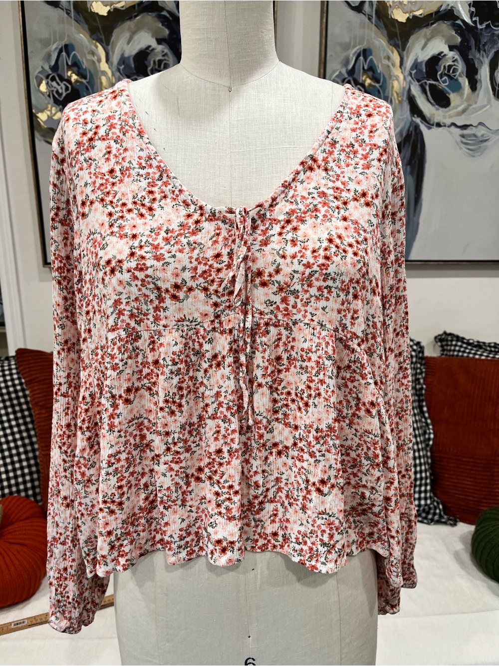 Pink Rose Red Floral Tie-Front Blouse
